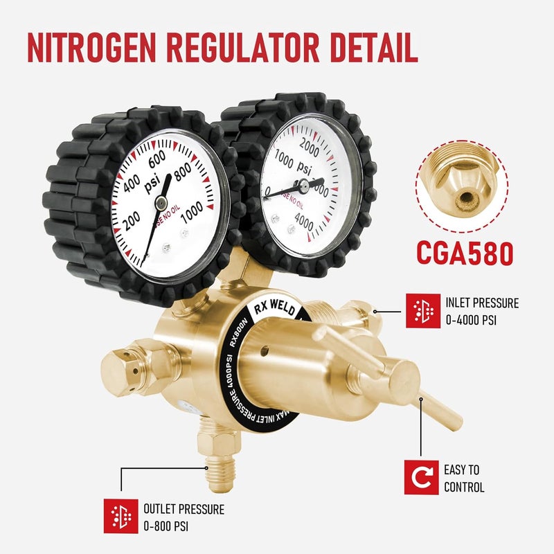 RX WELD Nitrogen Regulator with 0-1000 PSI CGA580 Inlet, Delivery Pressure Equipment Brass Inlet Outlet Connection Gauges with Refrigeration Hose - Image 2